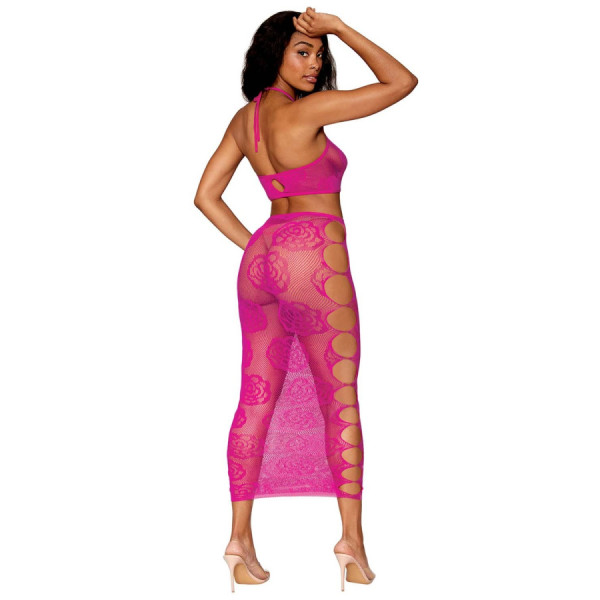 Ensemble Soutien-gorge et jupe longue en filet rose 